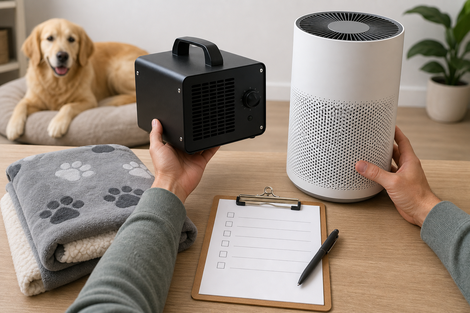 Pet owner comparing an unbranded ozone-style machine and air purifier before checkout