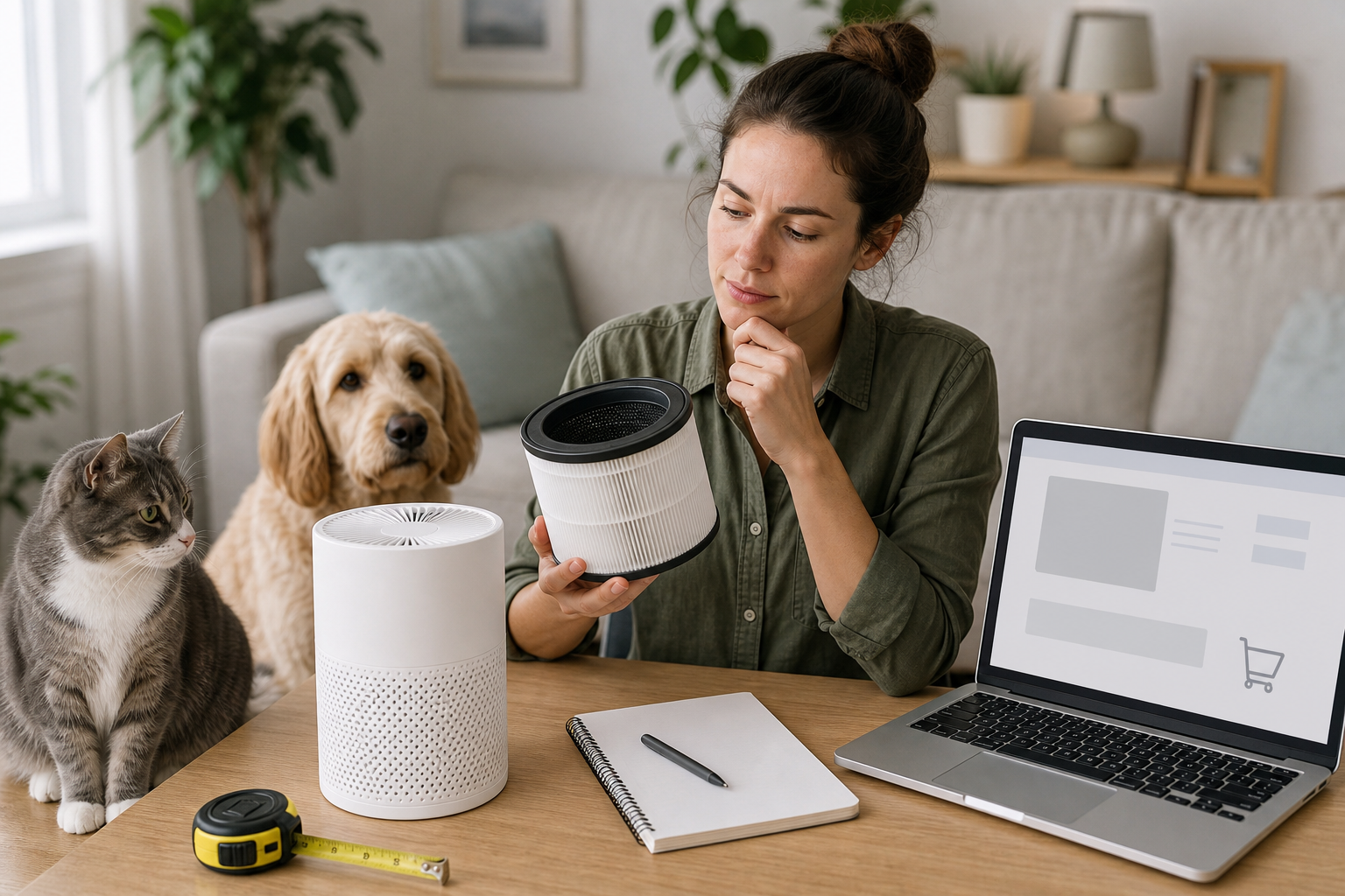 Pet owner checking an unbranded air purifier and replacement filter before checkout