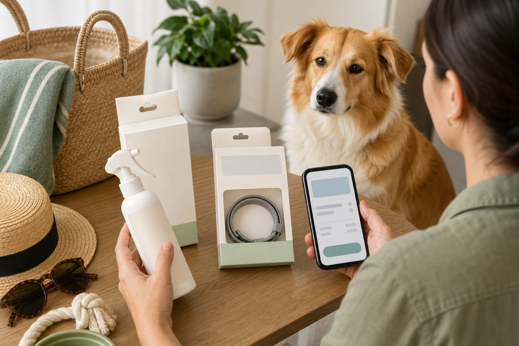 Pet owner comparing unbranded pet insect repellent before checkout
