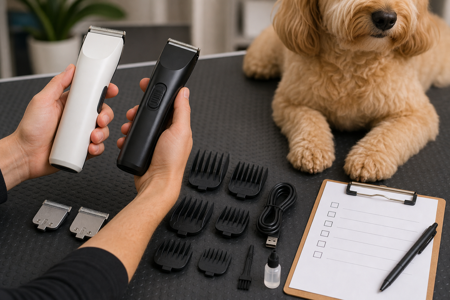 Unbranded cordless pet clippers, blades and guards being checked before purchase
