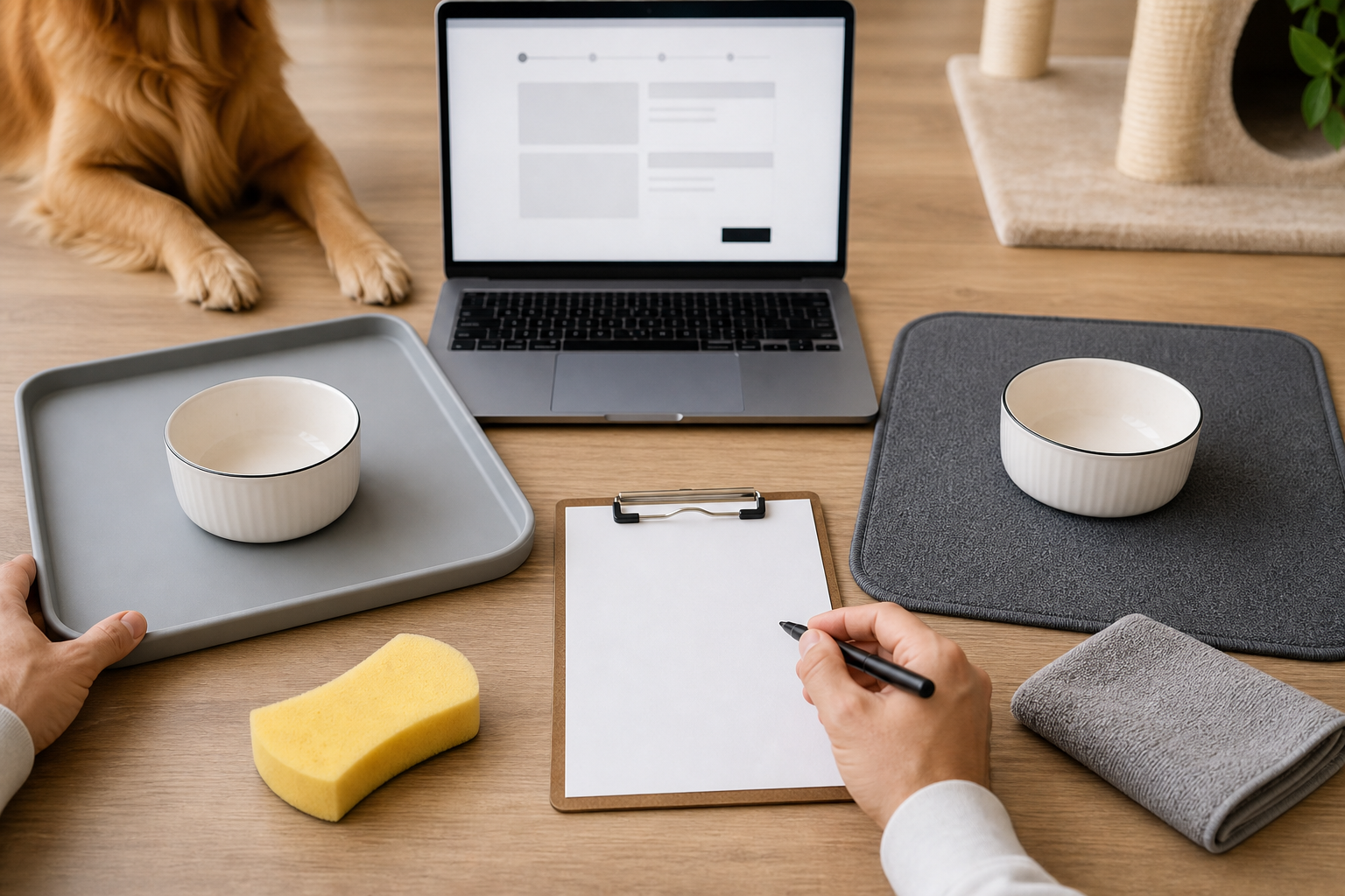 Pet owner comparing unbranded pet feeding mats and clean bowls before checkout