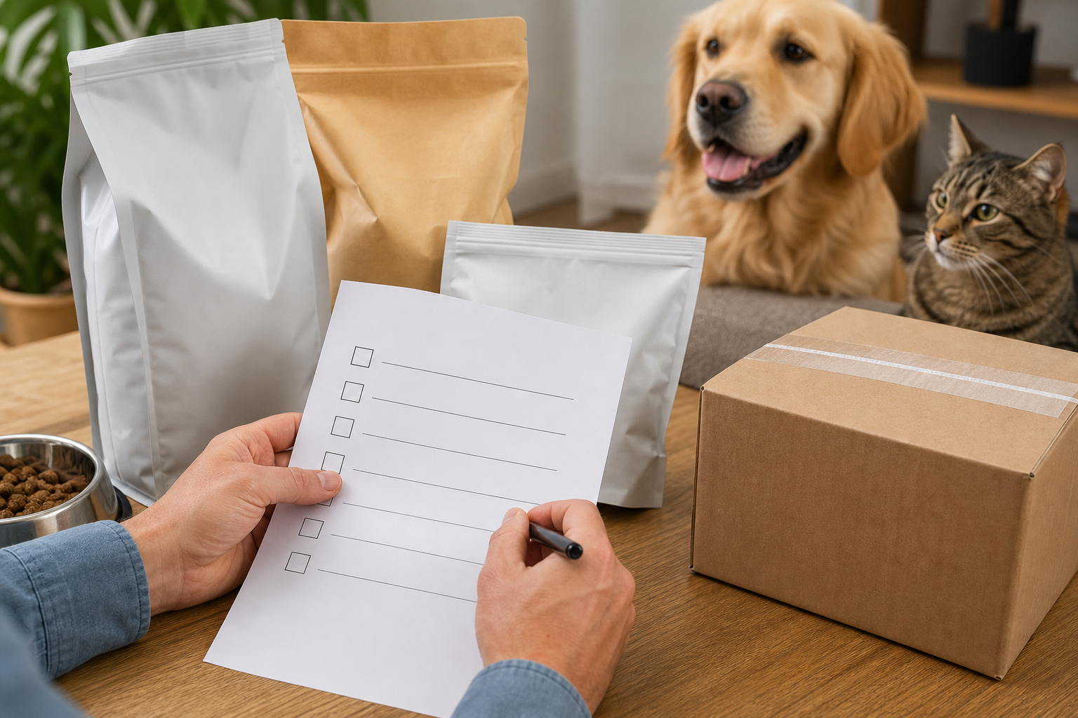 Unbranded pet food packages, shipping box and blank return policy checklist