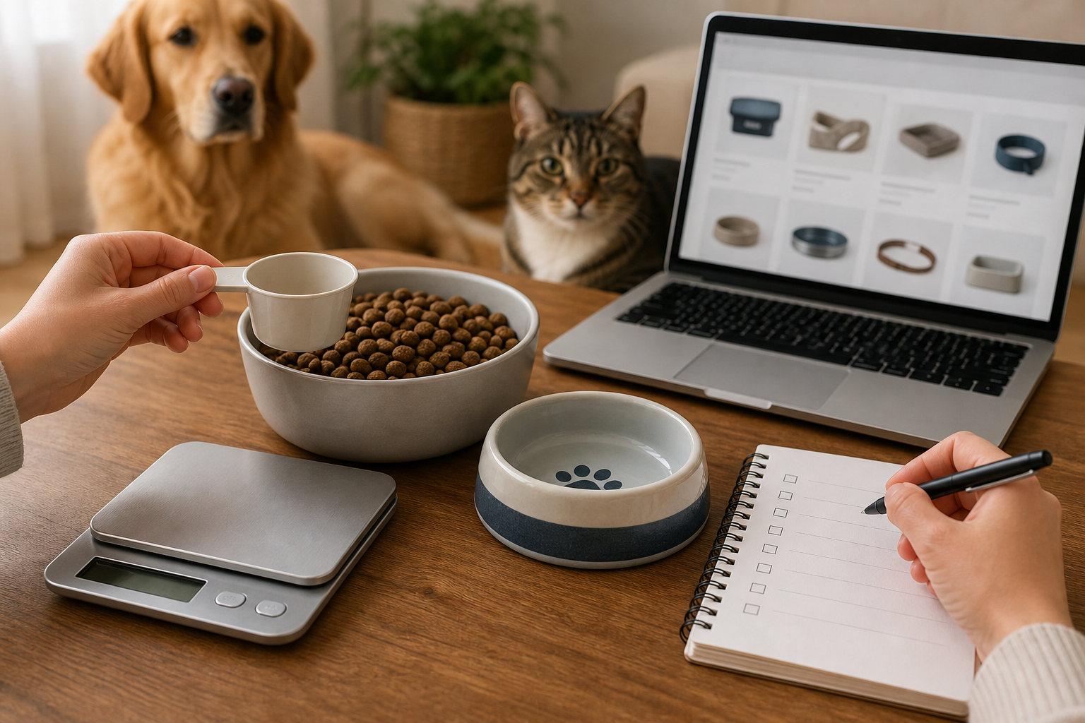 Unbranded pet food scoop, kitchen scale and pet bowl being compared before checkout