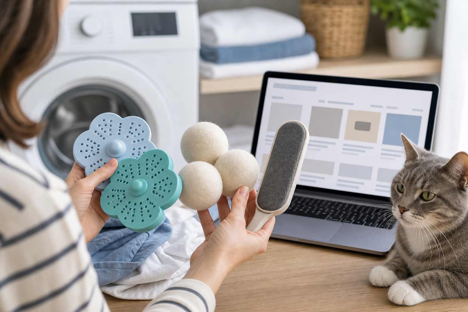 Pet owner comparing unbranded laundry hair catchers before checkout