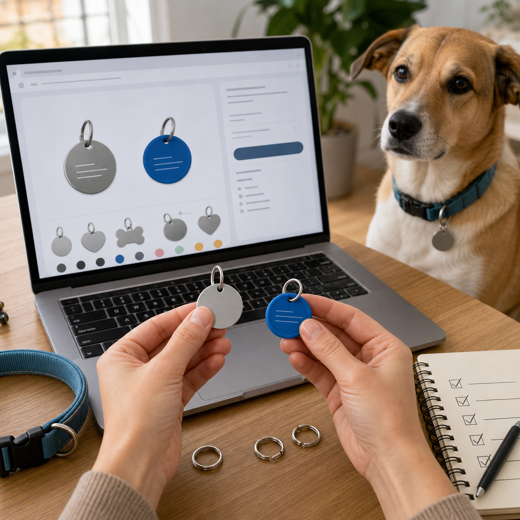 Pet owner checking unbranded engraved ID tags before checkout