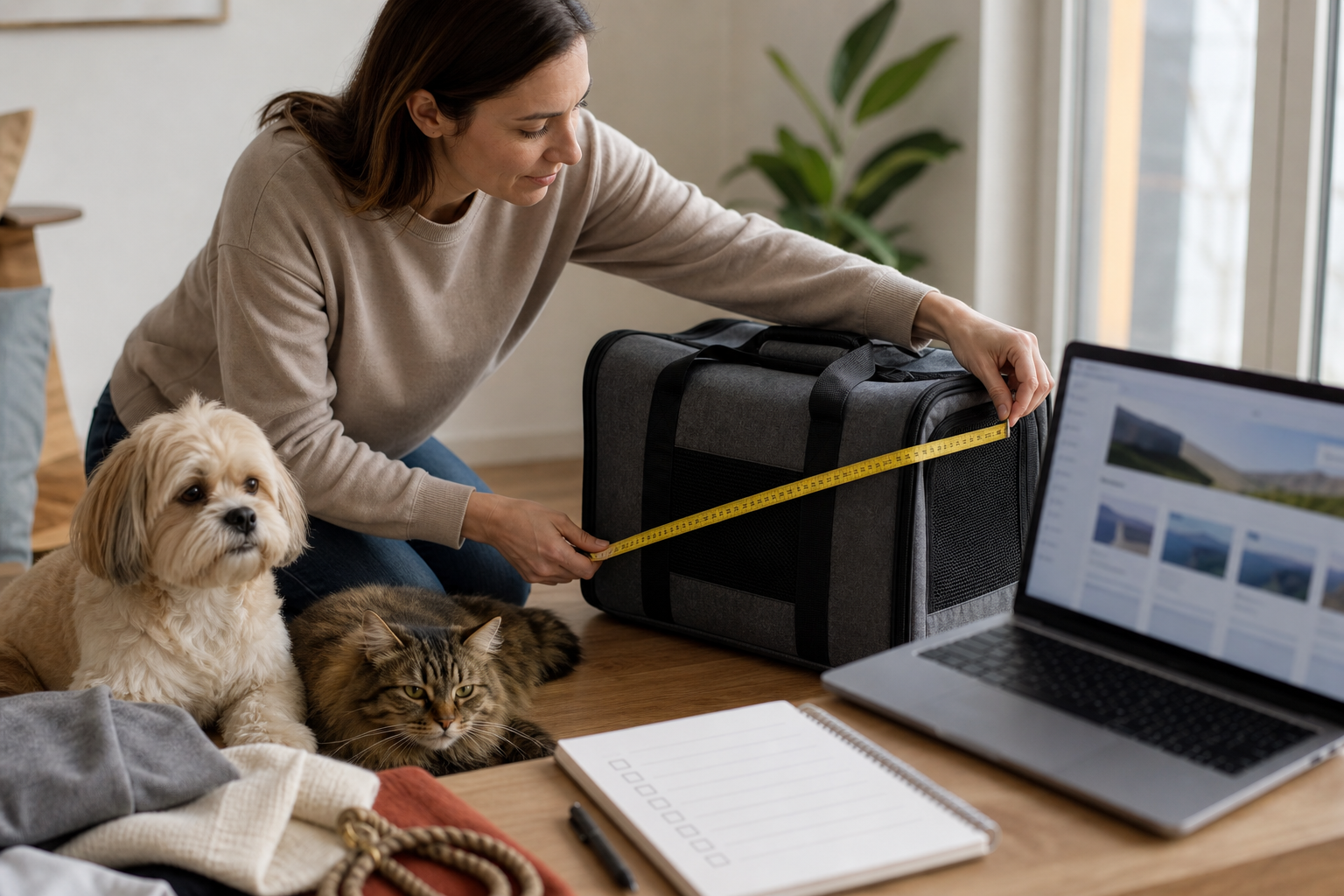 Pet owner measuring a soft-sided pet carrier before booking an in-cabin flight