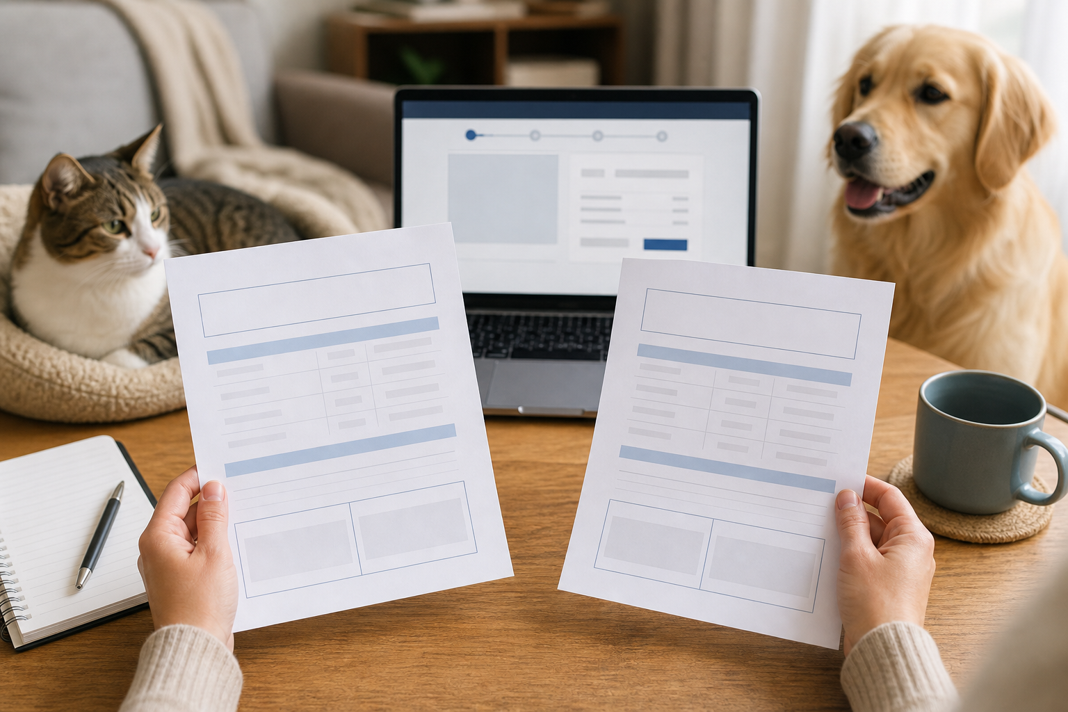 Pet owner comparing blank pet insurance quote sheets before checkout