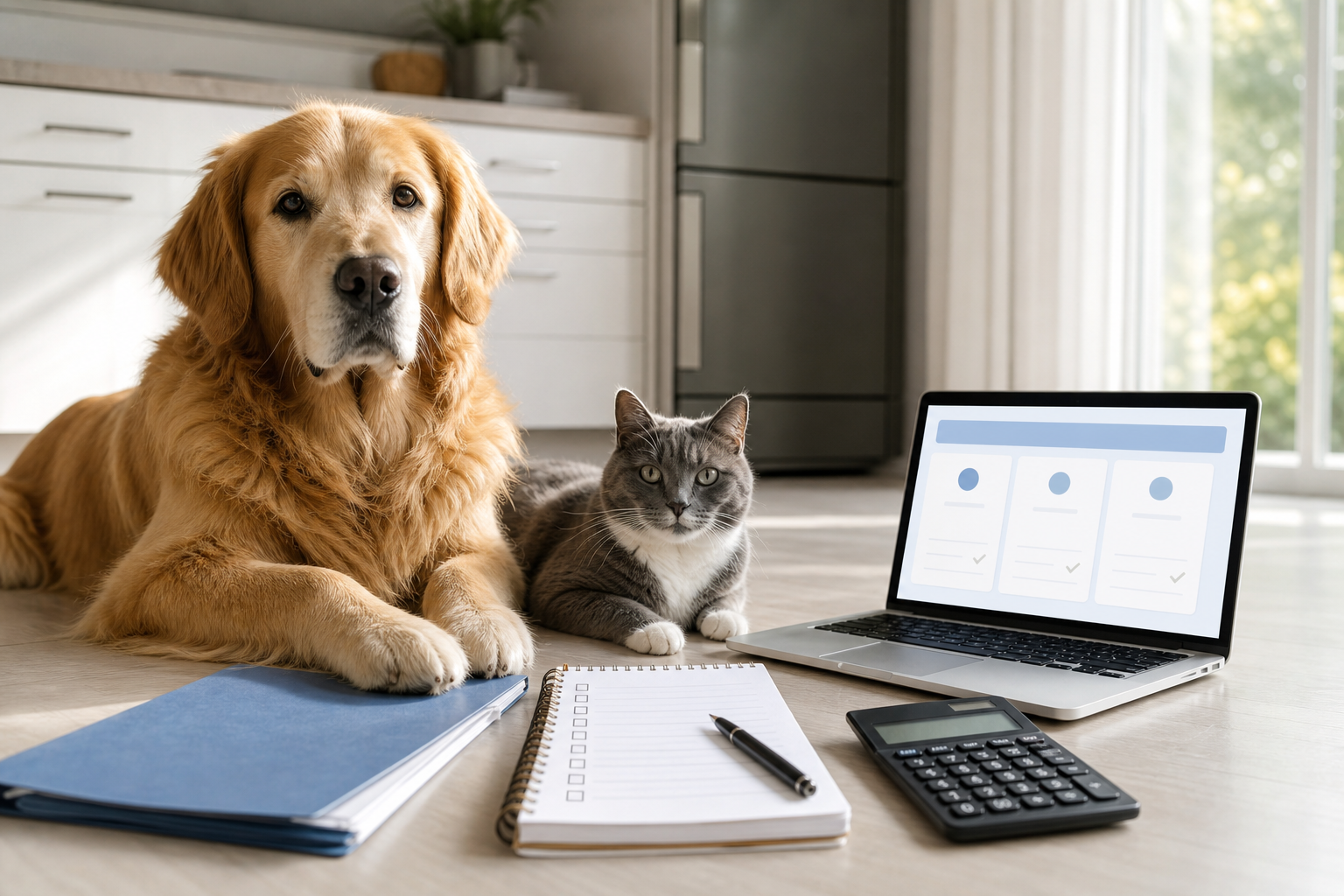 Dog and cat beside unbranded pet insurance paperwork