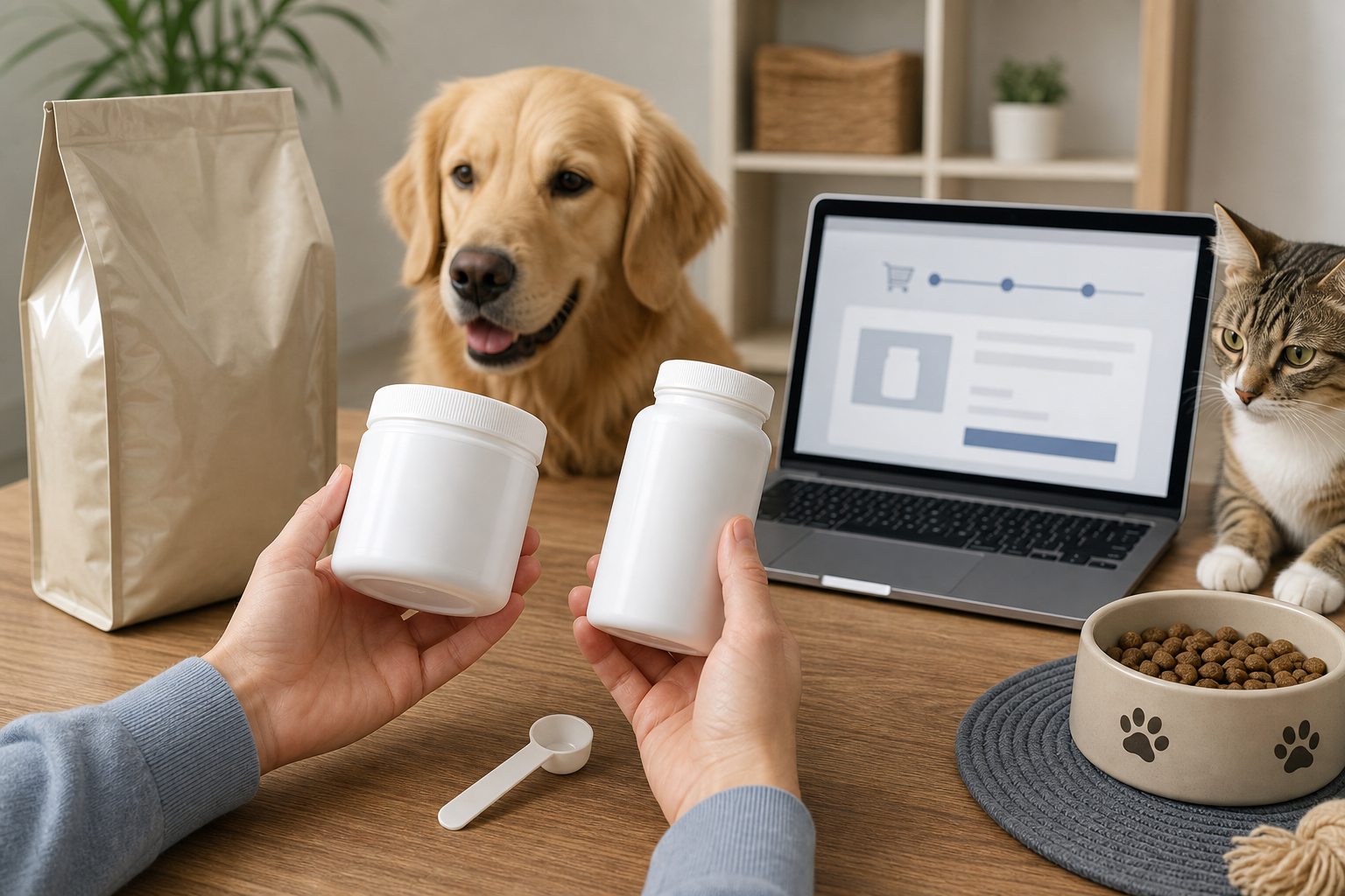 Unbranded pet supplement containers being compared before checkout