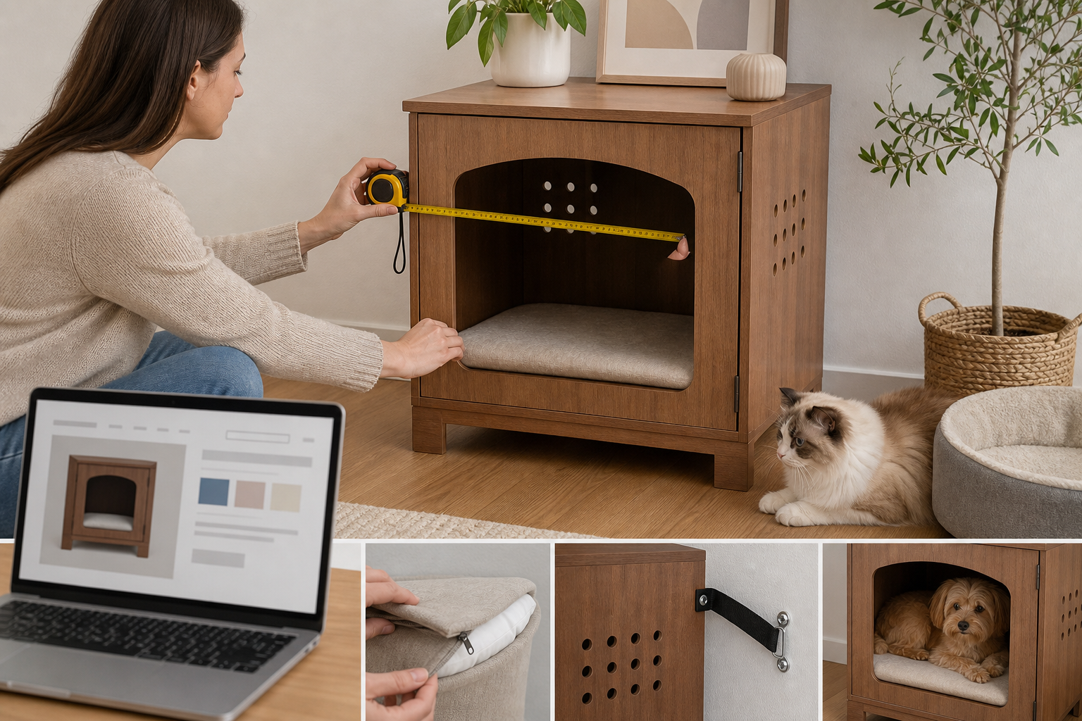 Pet owner measuring an unbranded cabinet-style pet nook before checkout