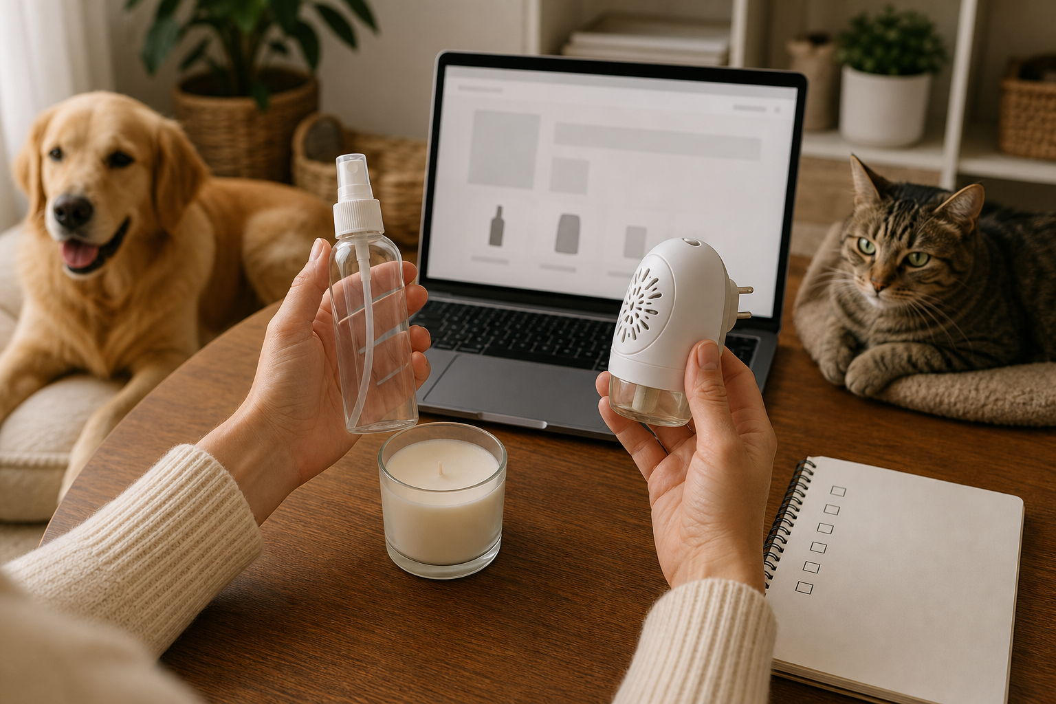 Unbranded room spray plug-in air freshener and candle checked before buying for a pet home