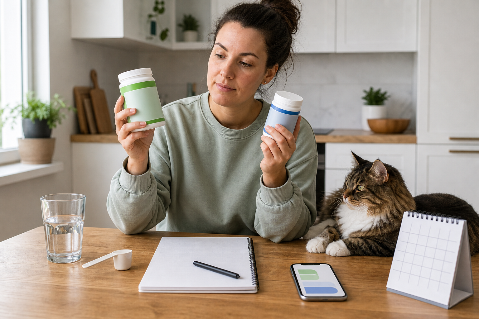 Pet owner comparing unbranded pet probiotic supplements before checkout