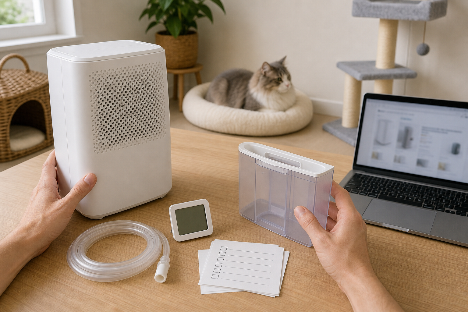 Unbranded dehumidifier and accessories checked before pet room purchase