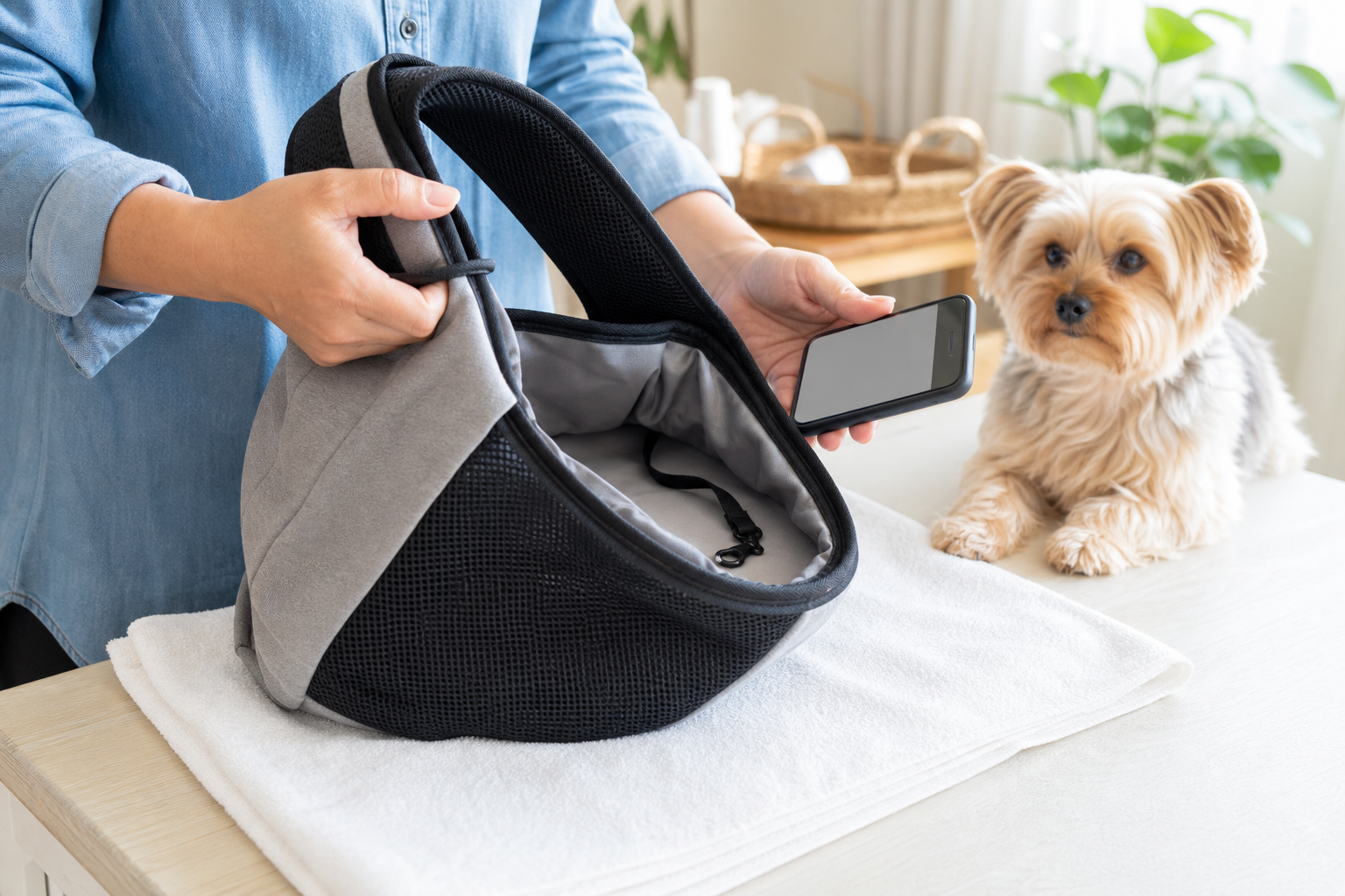 Unbranded pet sling carrier with safety tether and small dog nearby