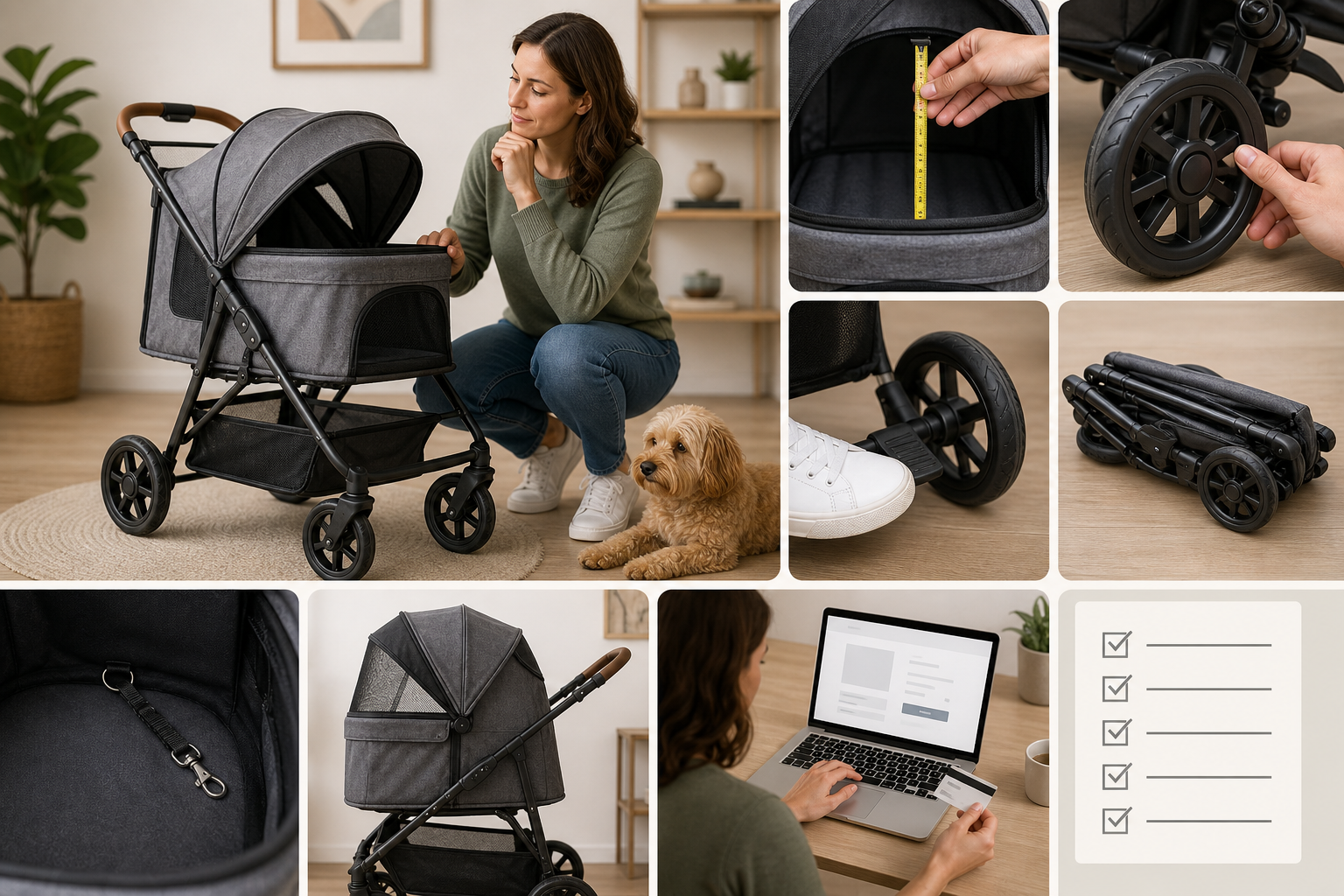Pet owner checking an unbranded pet stroller before checkout