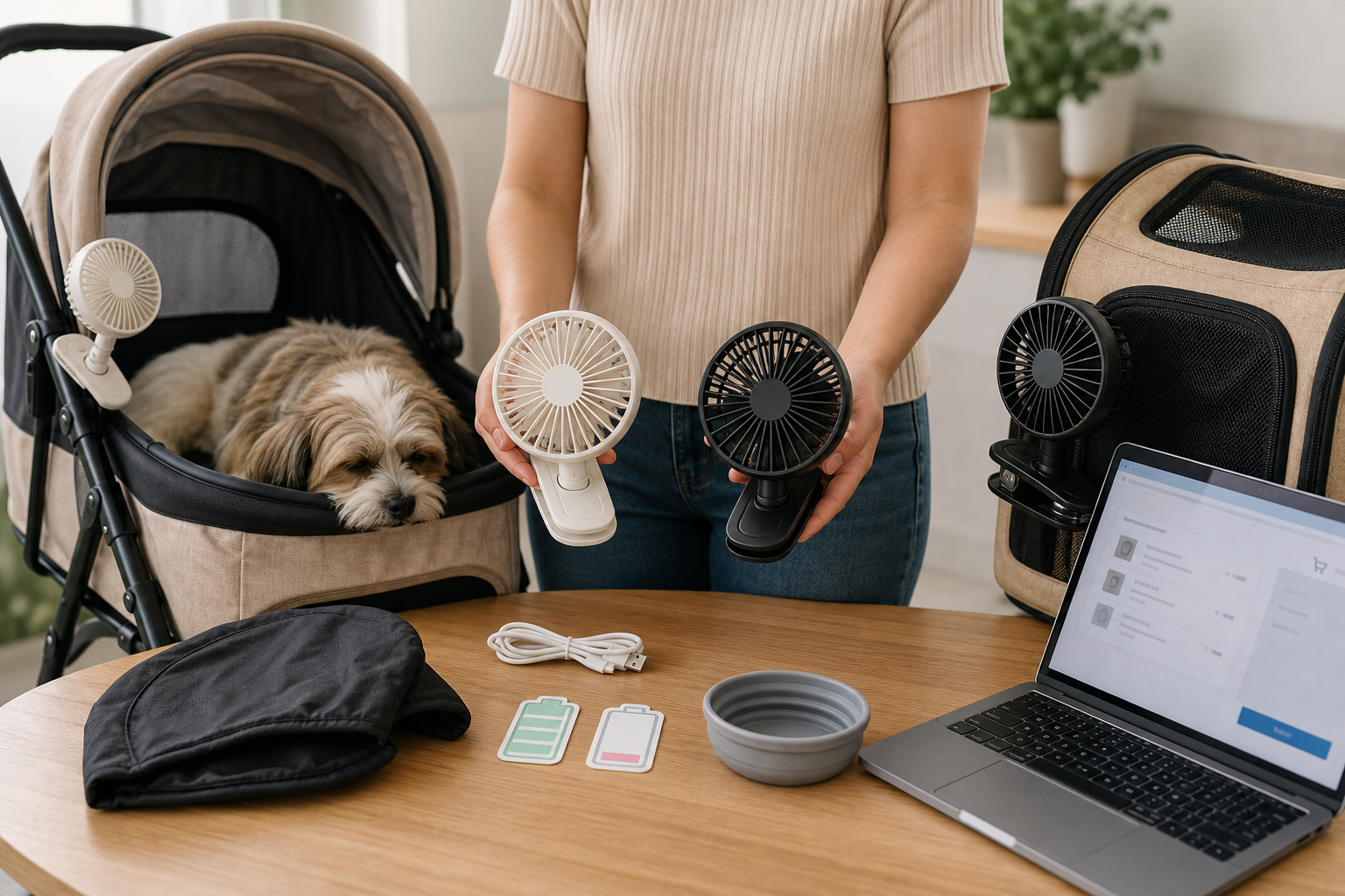 Pet owner comparing unbranded clip-on fans for a pet stroller and carrier