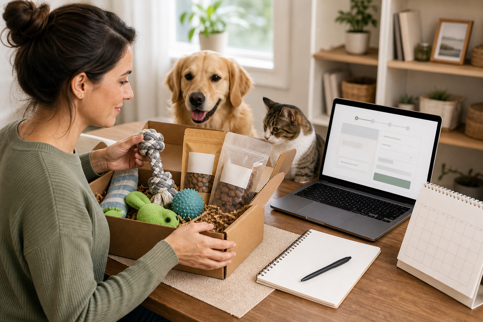 Pet owner reviewing an unbranded pet subscription box before checkout
