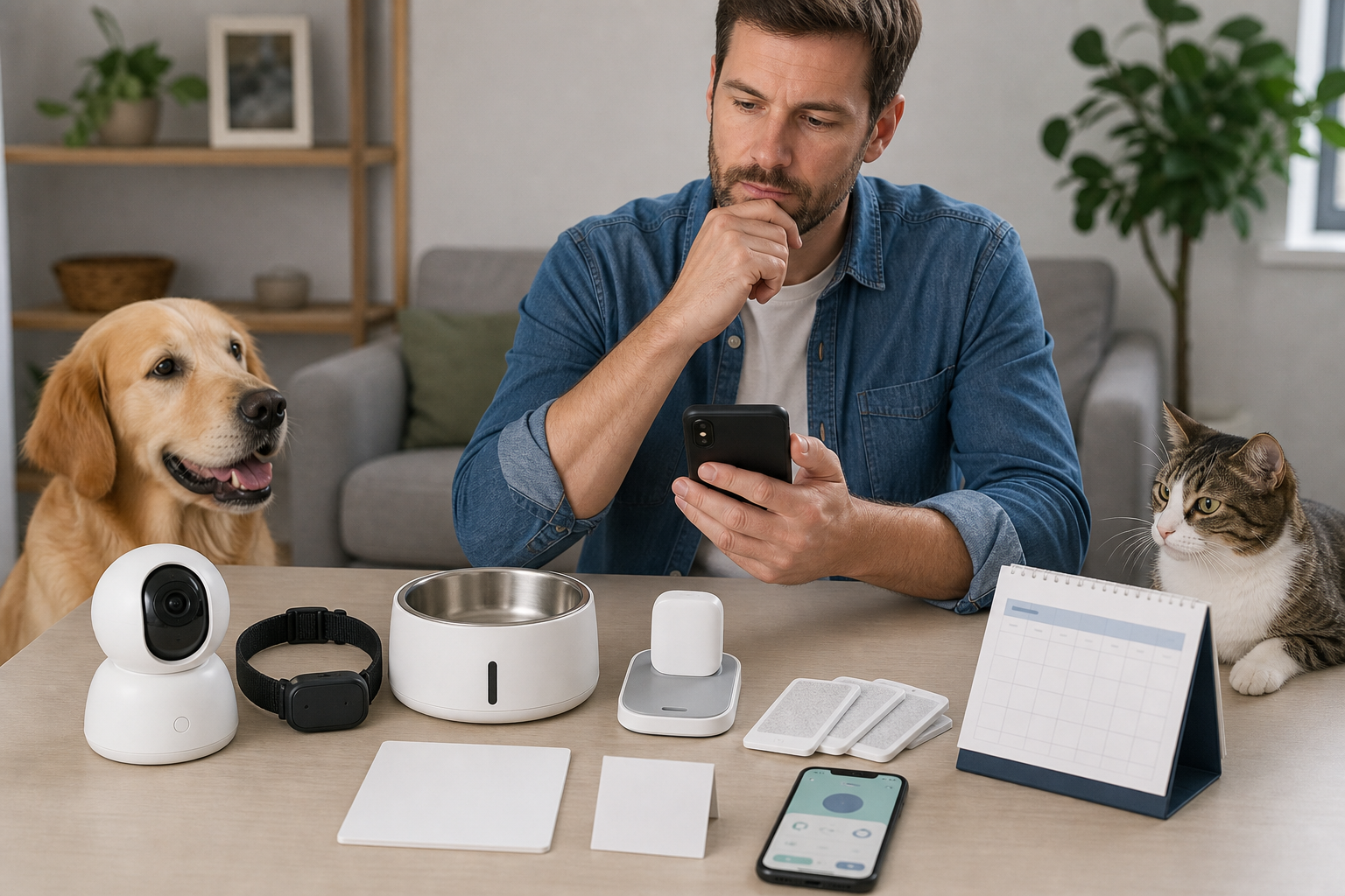 Pet owner comparing unbranded pet-tech subscriptions before checkout