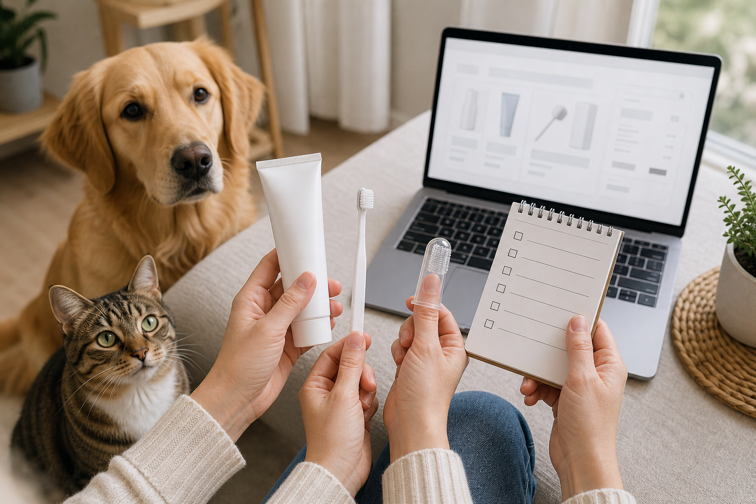 Pet owner comparing unbranded pet toothpaste, toothbrush, finger brush and checklist