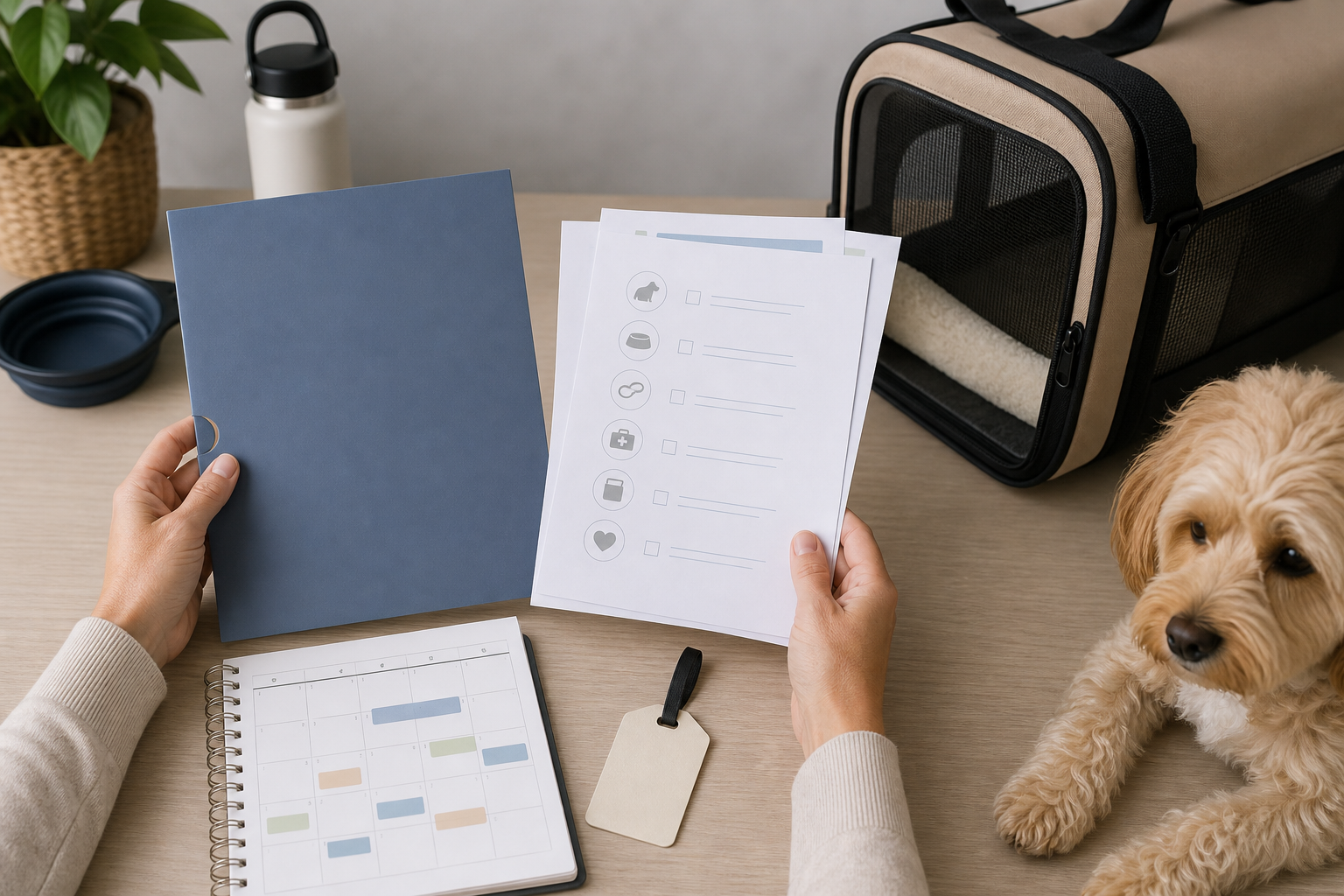 Pet owner reviewing blank pet travel document checklist
