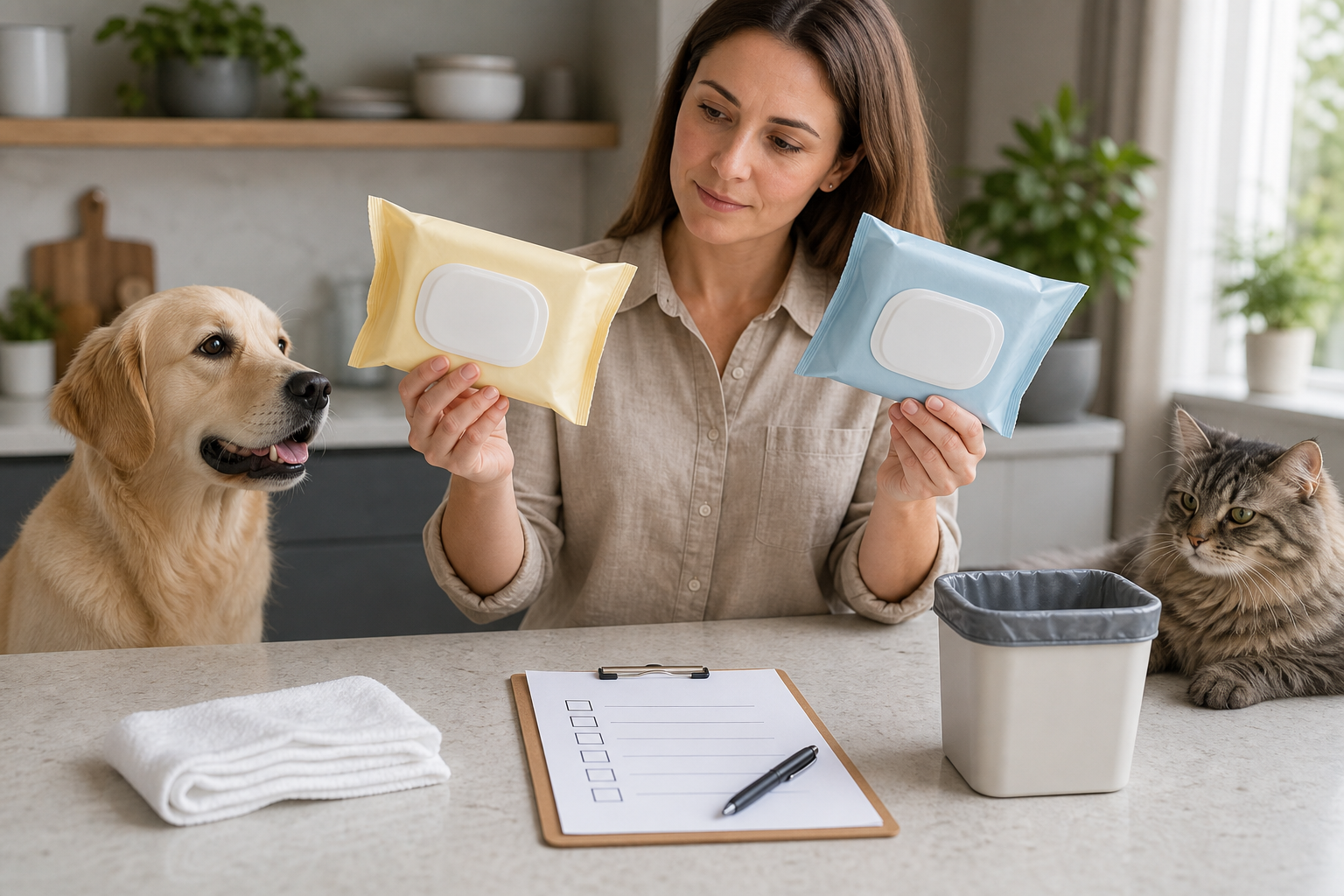 Pet owner comparing unbranded pet grooming wipes before checkout