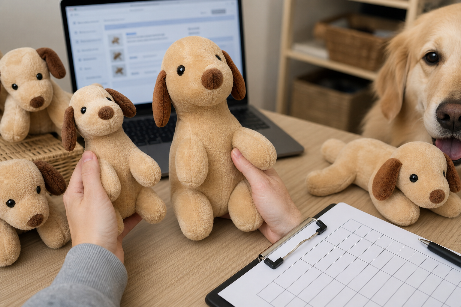 Unbranded plush dog toys being compared before checkout