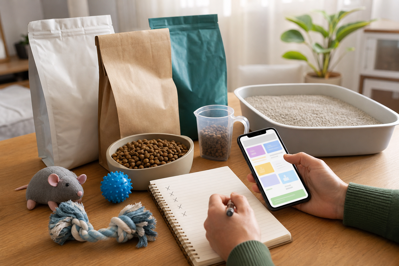 Unbranded pet supplies with a generic checkout checklist before a sale purchase