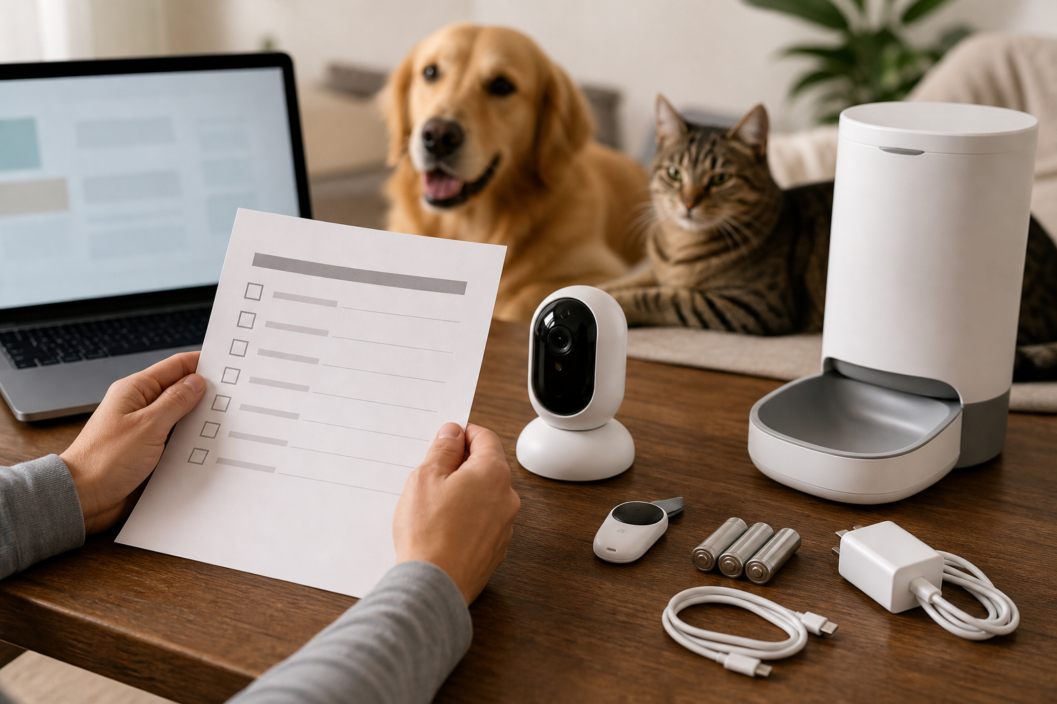 Pet owner checking unbranded pet tech devices before checkout