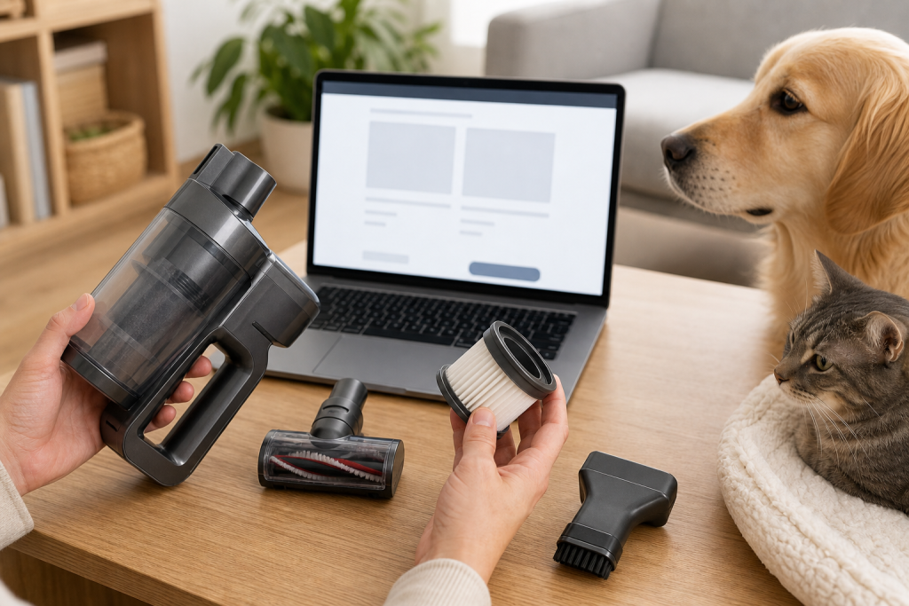 Pet owner comparing an unbranded vacuum filter and tools before checkout