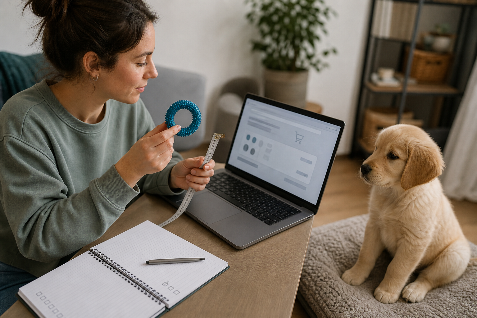 Pet owner comparing an unbranded puppy teething ring before checkout