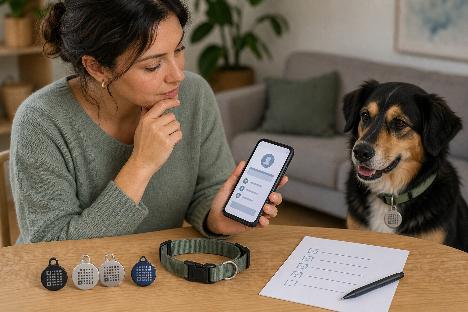 Pet owner comparing unbranded digital pet ID tags before checkout