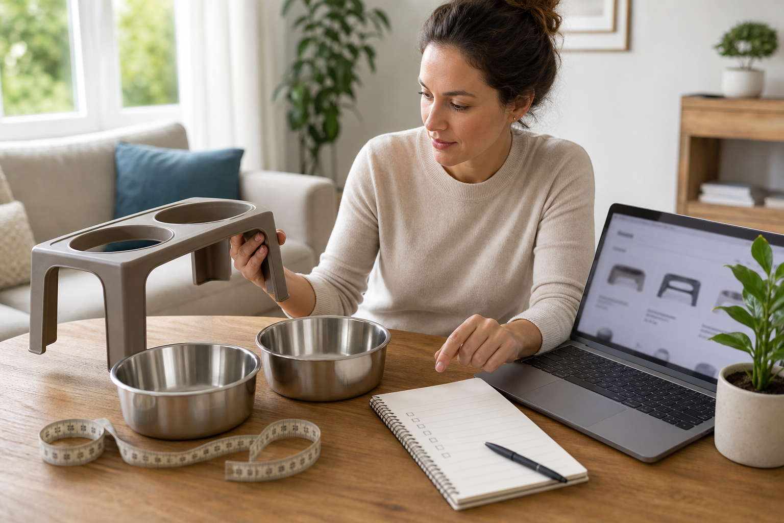 Pet owner comparing an unbranded raised dog bowl before checkout