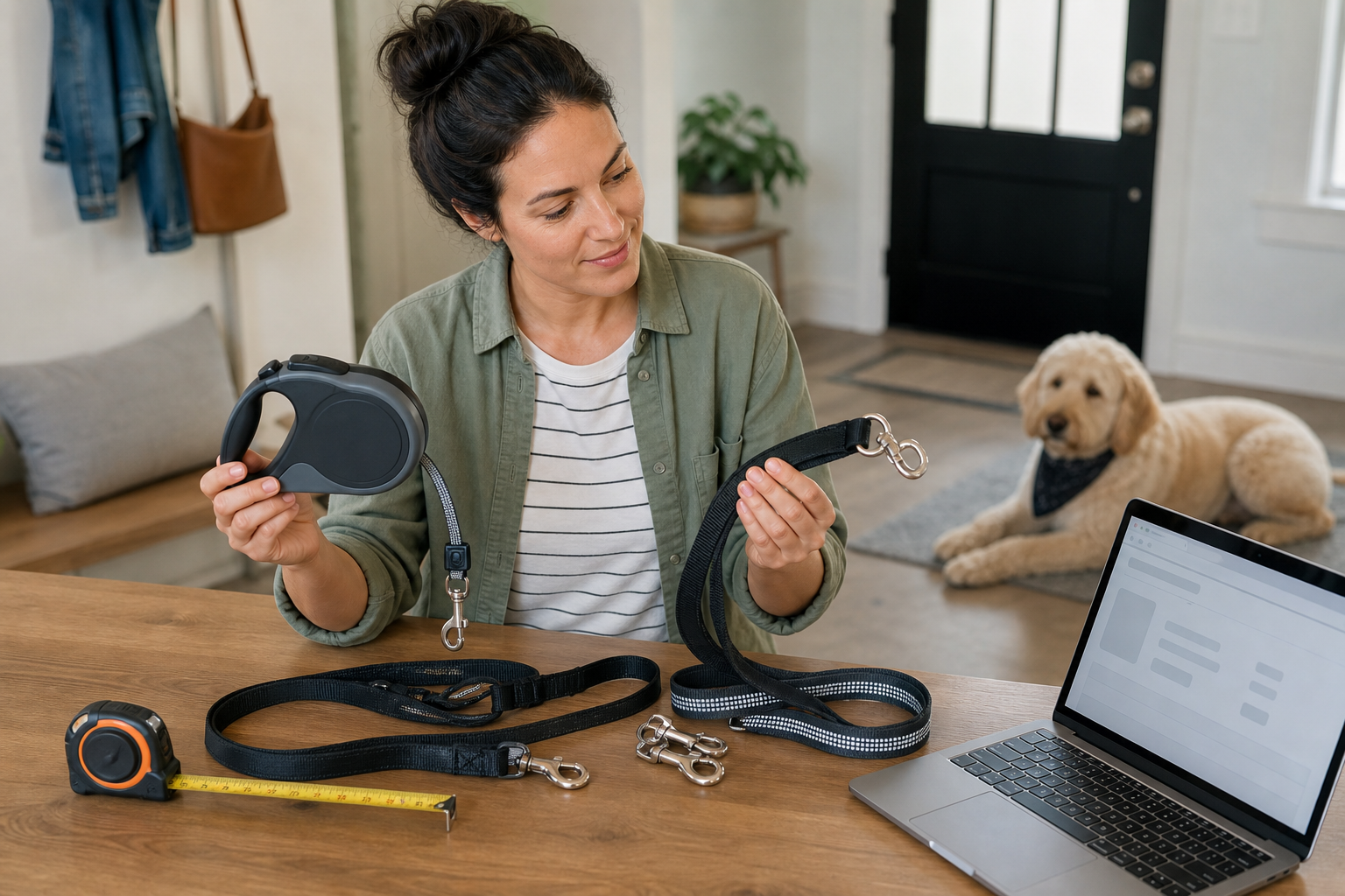 Pet owner comparing retractable leash, flat leash and clips before checkout