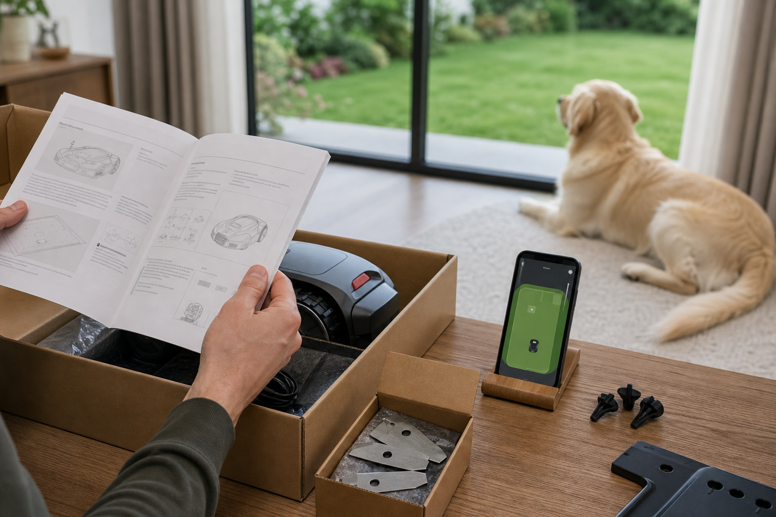 Pet owner reviewing a robot lawn mower manual and parts before setup