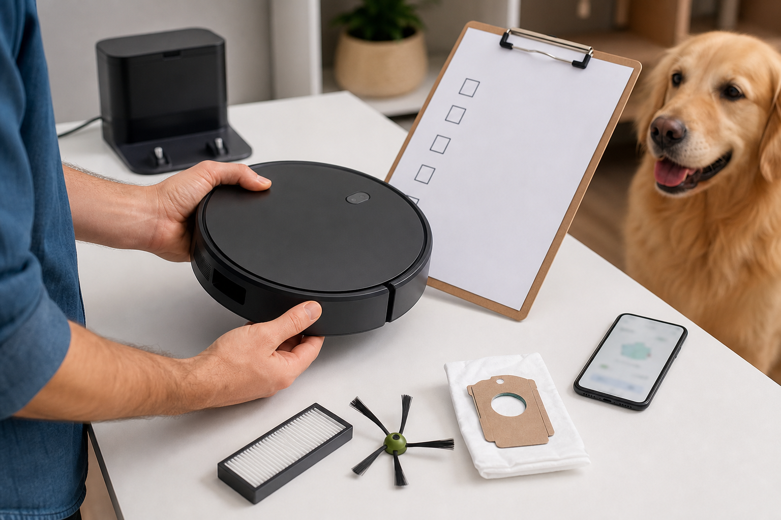 Unbranded robot vacuum with filters brushes and a pet owner checkout checklist