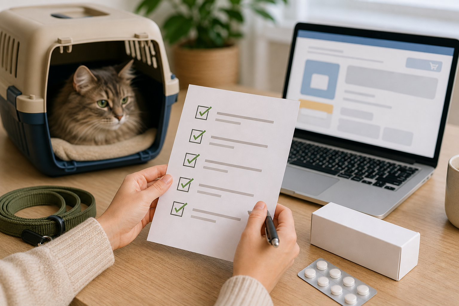 Pet owner checking an unbranded pet tablet purchase checklist before checkout