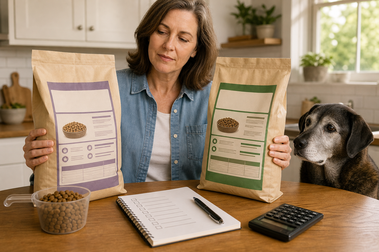 Unbranded dog food packages being compared before checkout