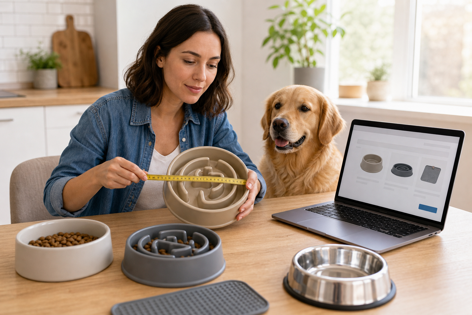 Pet owner measuring an unbranded slow feeder dog bowl before checkout