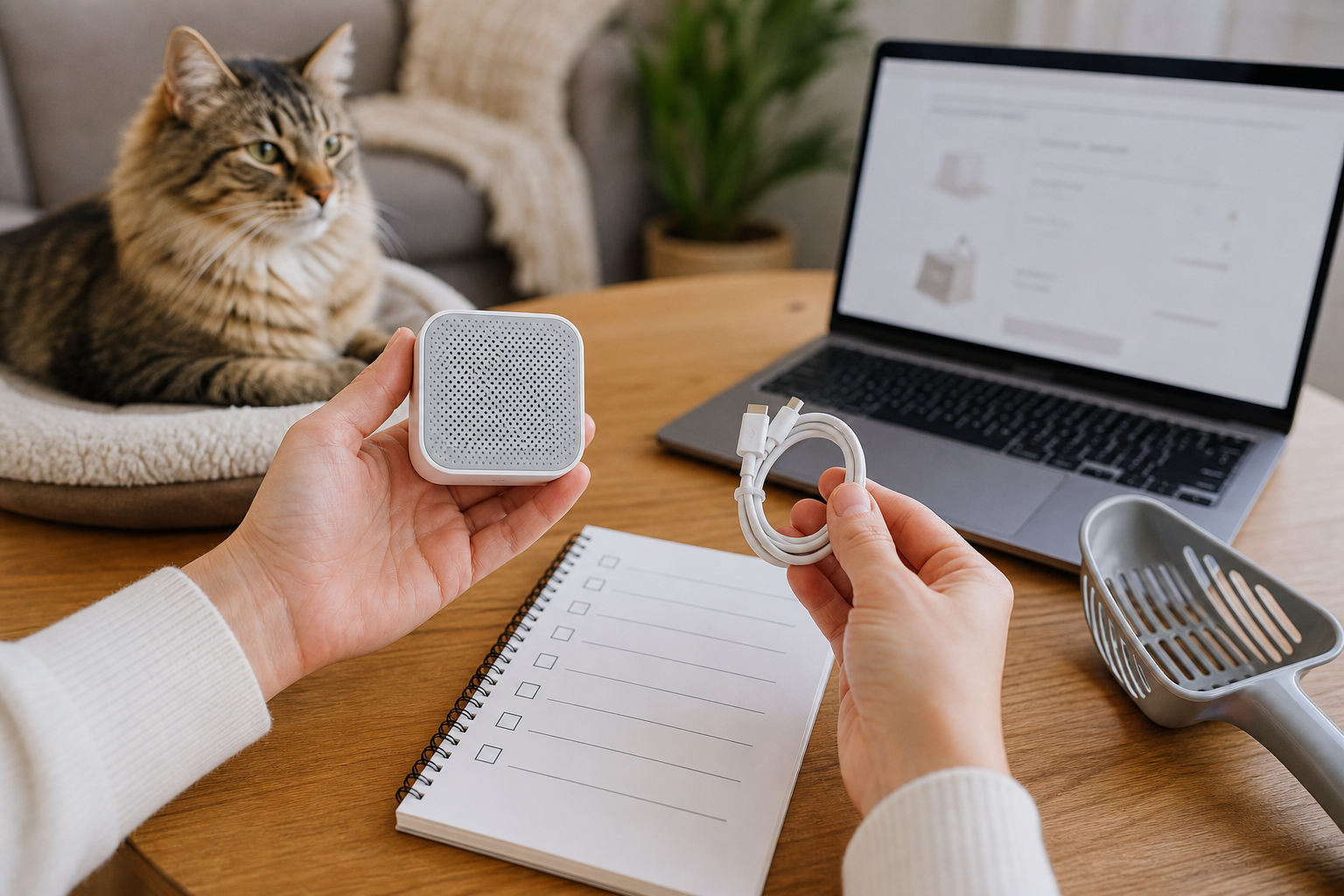 Unbranded smart air quality monitor, charging cable and checklist before checkout
