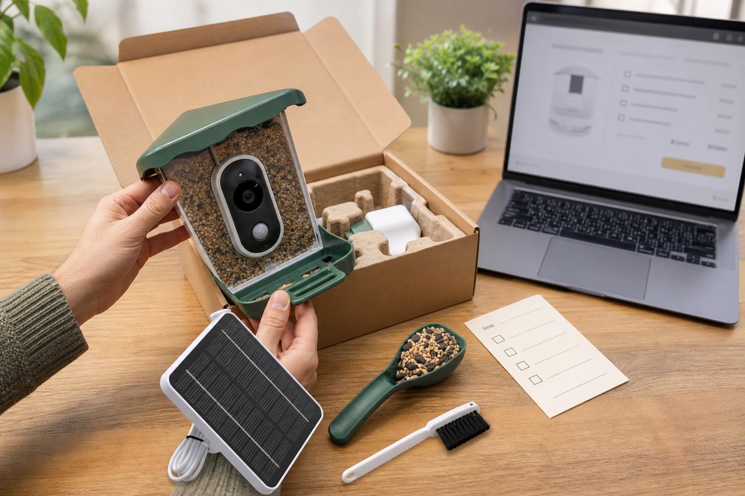 Unbranded smart bird feeder camera checkout and cleaning checklist