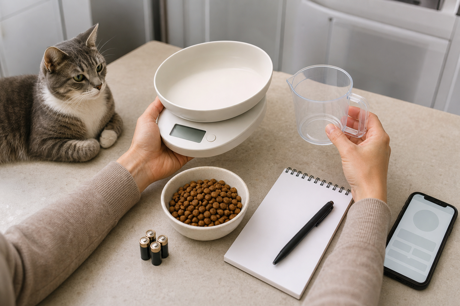 Unbranded smart pet bowl scale compared with measuring cup and app screen