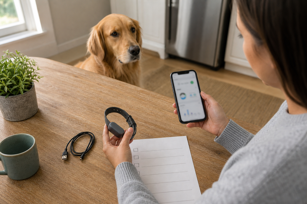 Unbranded smart collar checkout checklist with charging cable and privacy notes