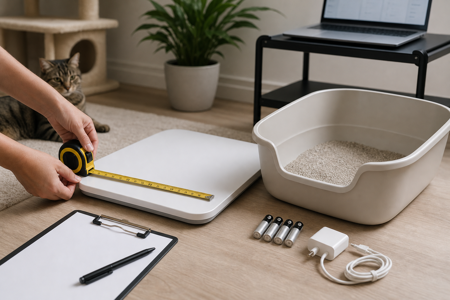 Unbranded smart litter box monitor checkout scene with a tape measure, batteries and a clean litter box