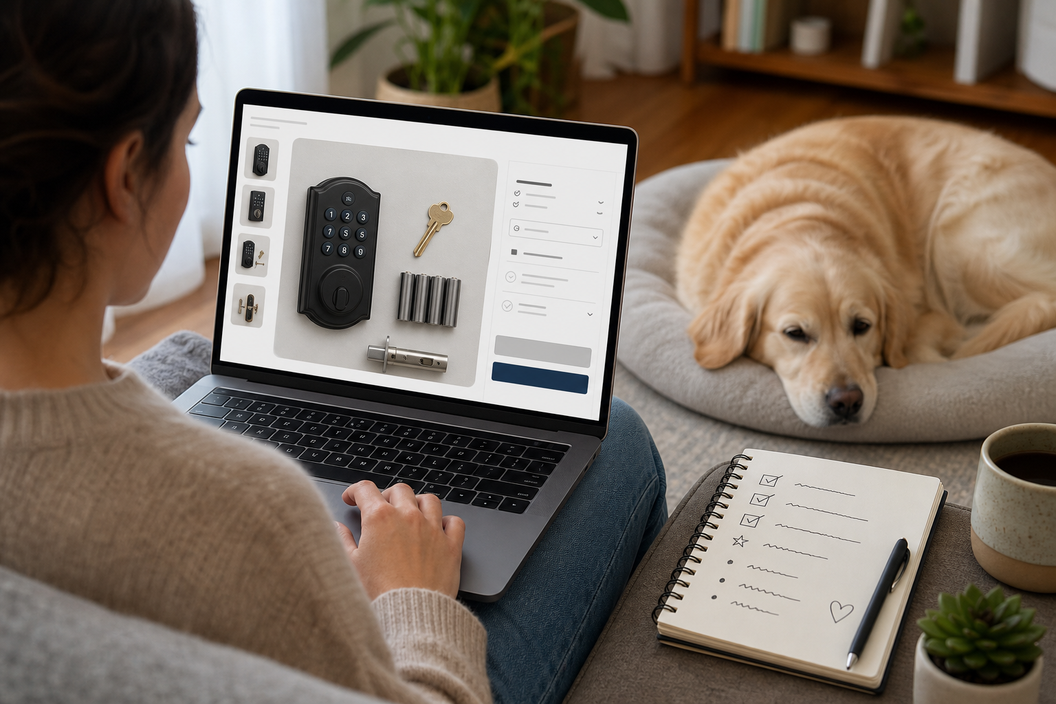 Pet owner comparing an unbranded smart lock before checkout