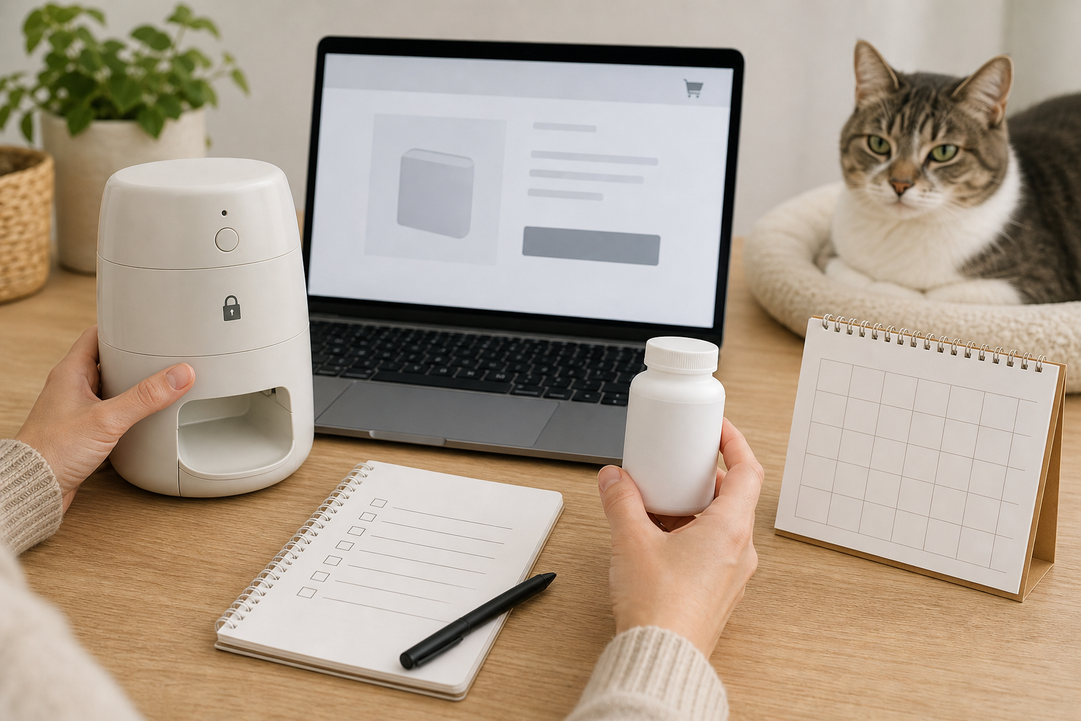 Unbranded smart pet medication reminder device, blank bottle, calendar and checkout screen