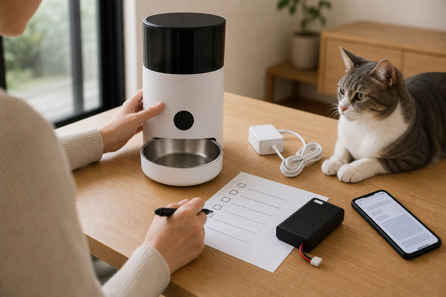 Pet owner comparing unbranded smart pet device backup accessories before checkout