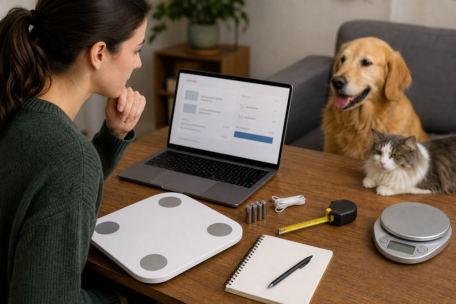 Pet owner checking an unbranded smart pet scale with a dog and cat nearby