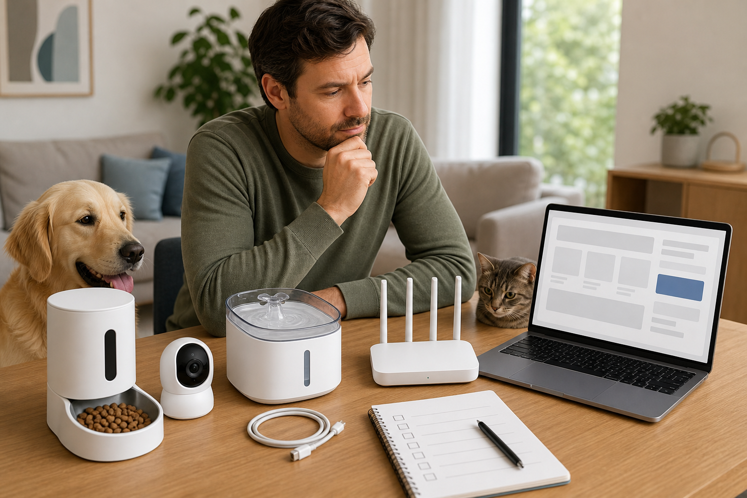 Pet owner comparing unbranded smart pet devices, Wi-Fi router and checkout checklist