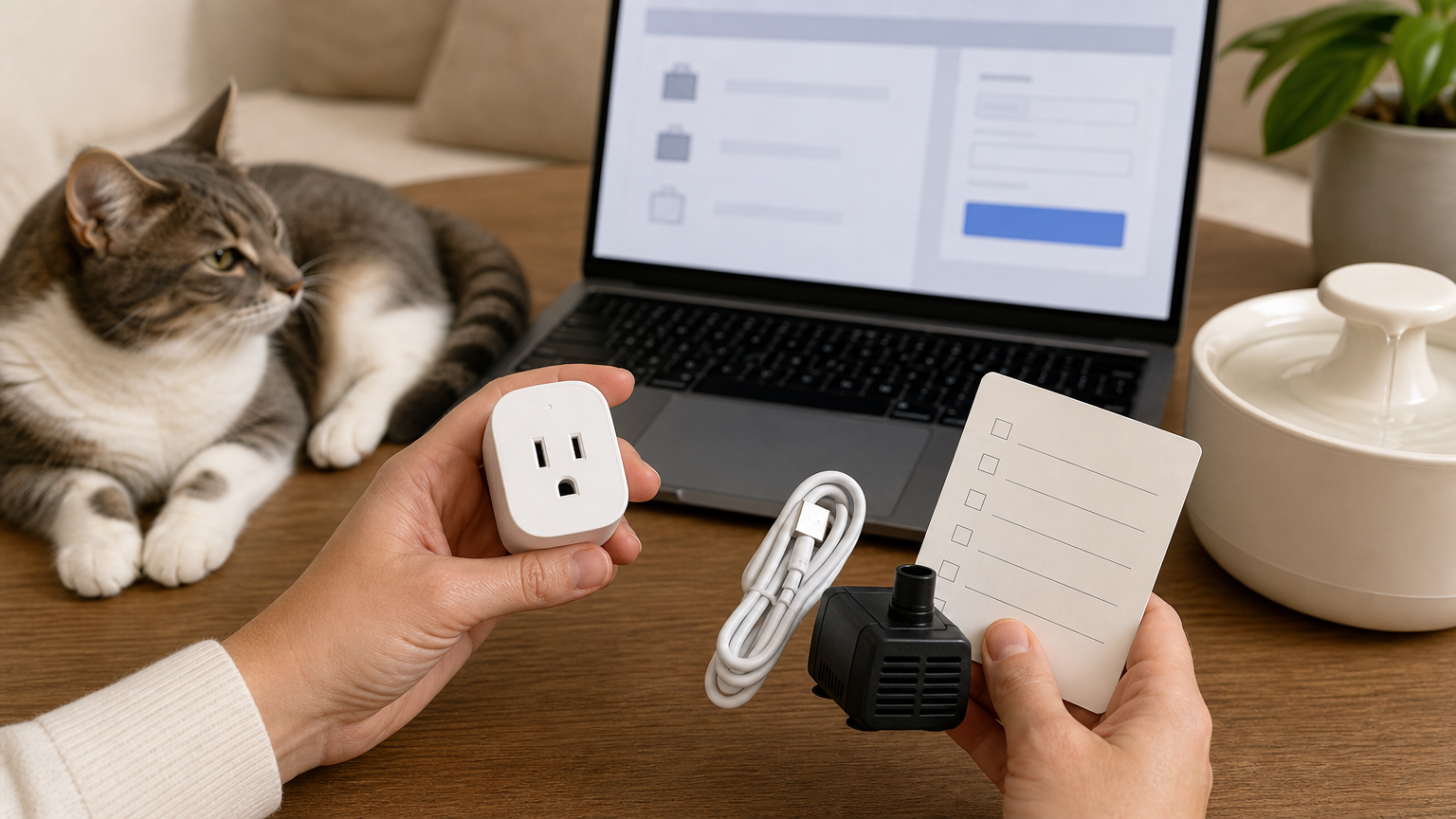 Pet owner checking an unbranded smart plug before checkout