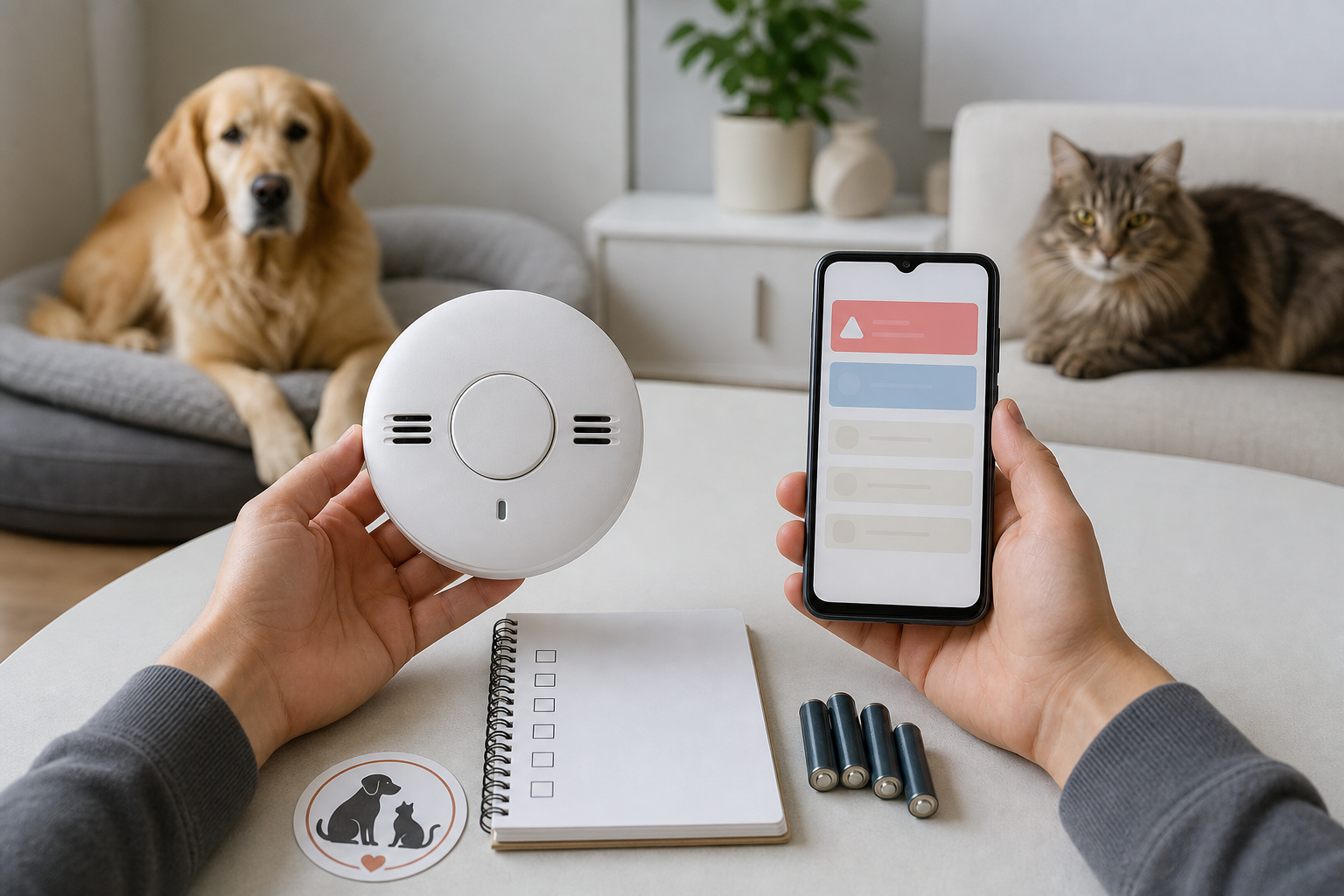 Pet owner comparing a smart smoke alarm checkout checklist for a dog and cat home